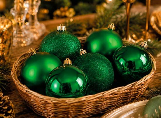 Bolas de Natal verdes expostas em cesta decorativa