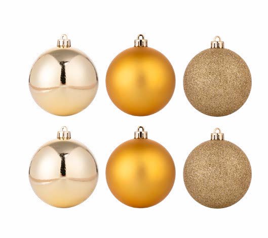 Bolas de Natal douradas nos acabamentos liso, perolado e glitter