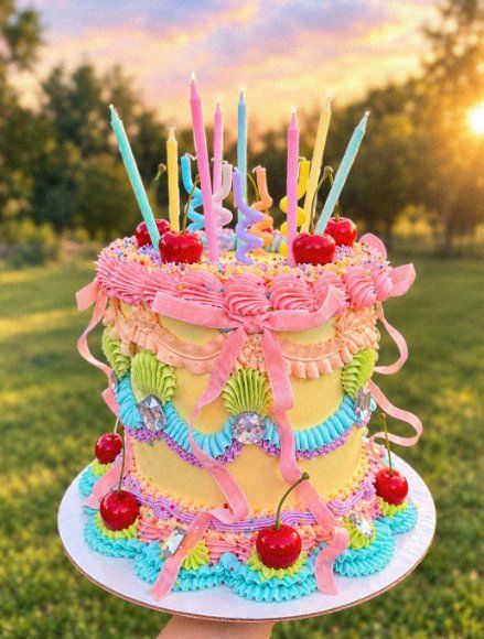 Bolo vintage colorido com bicos, laços e velas finas