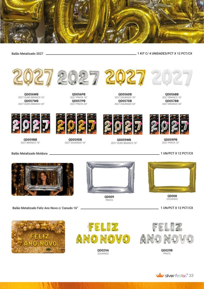 Balões metalizados 2027 nas cores ouro, prata, dourado e branco